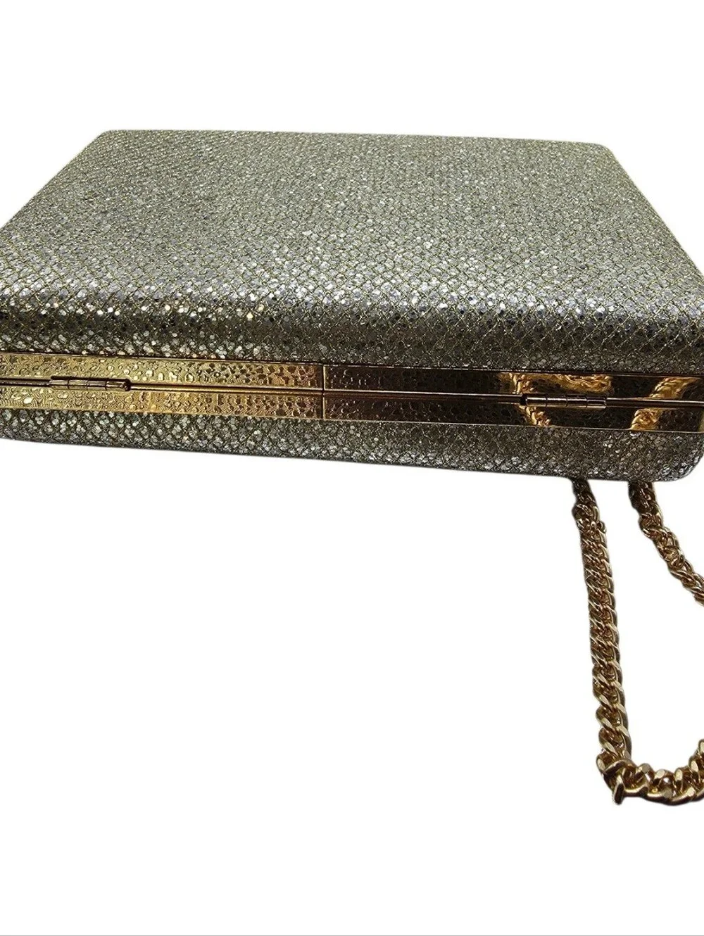 Gold Silver Glitter Evening Box Clutch Bag Chain Strap Purse